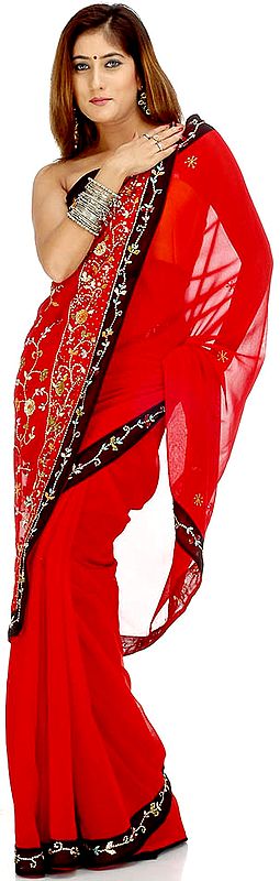 Red and Black Sari with Sequins and Threadwork