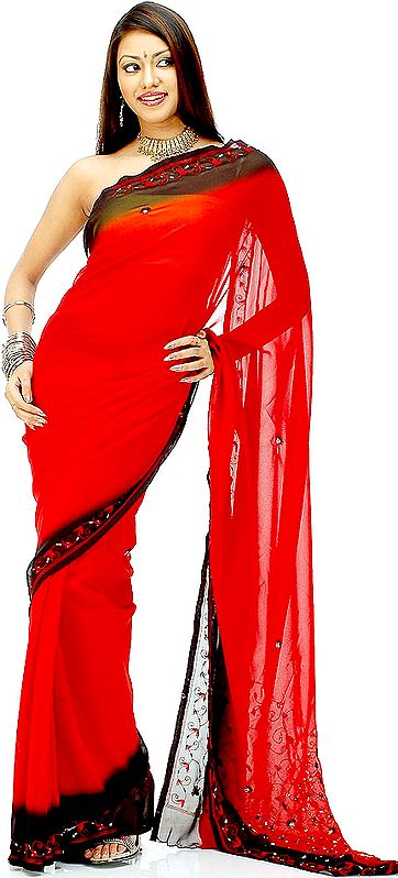Red and Black Sari with Threadwork