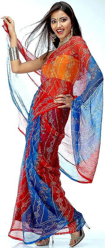 Red and Blue Bandhini Chiffon Sari from Gujarat