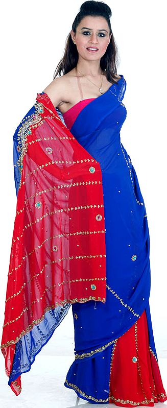 Red and Blue Sari with Sequins and Large Beads