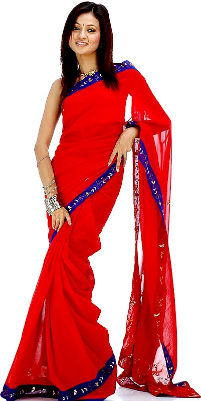 Red and Blue Sari with Sequins and Threadwork