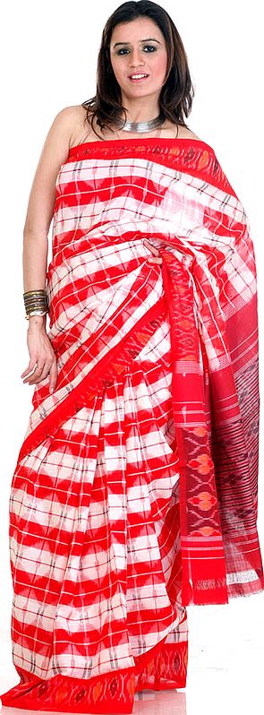 Red and Ivory Ikat Sari from Pochampally