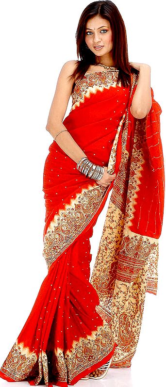Red and Ivory Printed Sari with Beads and Threadwork