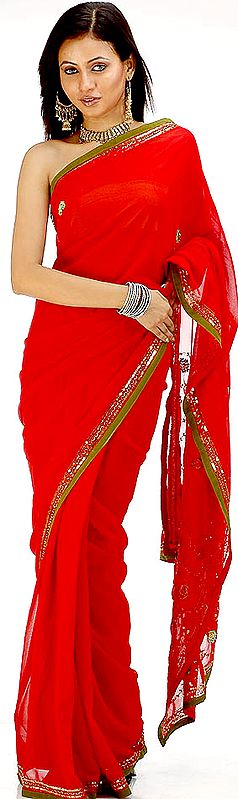 Red and Olive Georgette Sari with Sequins and Beads
