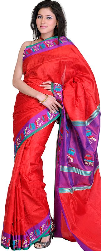 Red and Purple Sari from Banaras with Hand-woven Floral Border and Self Weave