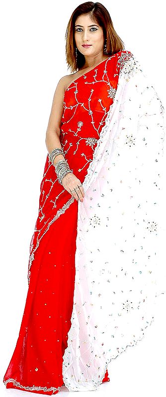 Red and White Butterfly Sari with Sequins and Threadwork