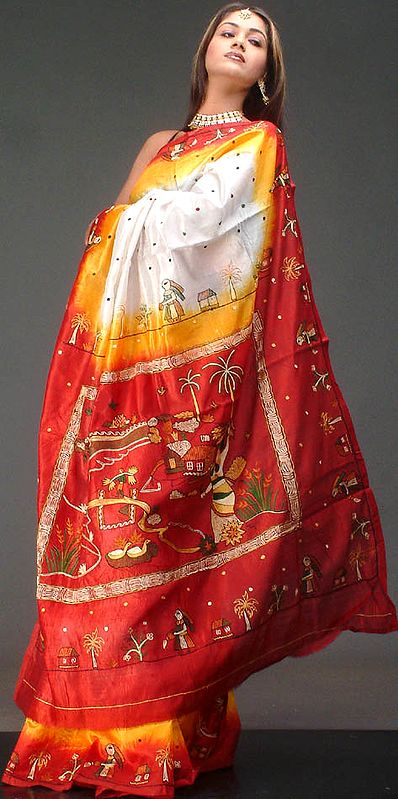 Red and White Designer Sari with Kantha Stitch
