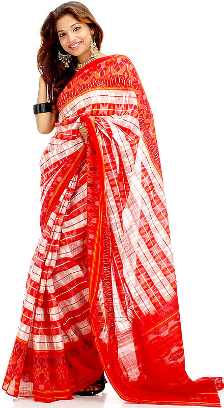 Red and White Pochampally Sari