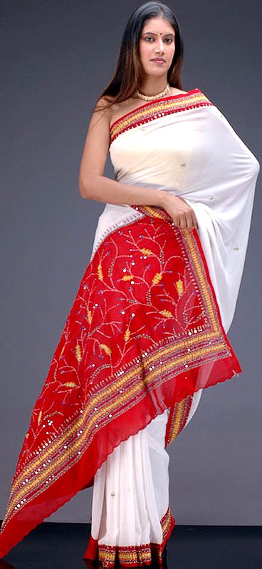Red and White Sari with Embroidery