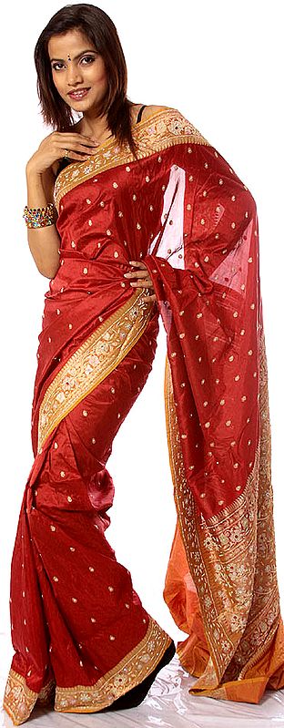 Red Banarasi Sari with All-Over Hand-woven Bootis and Beadwork