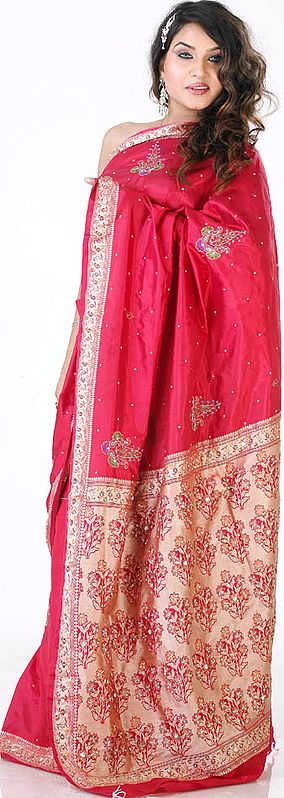 Red Banarasi Sari with Multi-Colored Woven Bootis and Beadwork