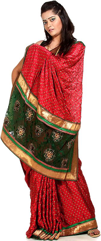 Red Bandhani Sari with Net Anchal and Patch Border