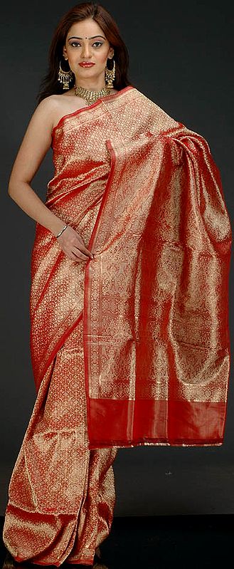 Red Bridal Banarasi Sari with All-Over Tanchoi Weave
