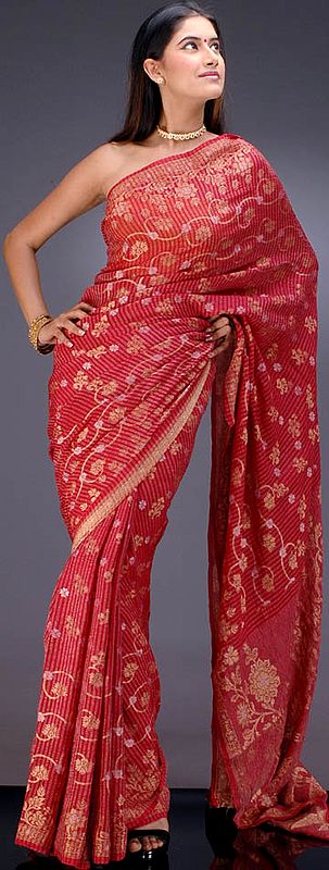 Red Bridal Crush Sari with Golden and Silver Thread Weave