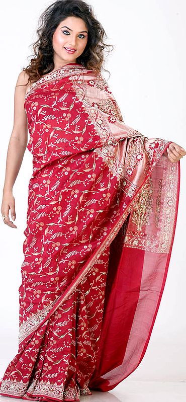 Red Bridal Jamdani Sari with All-Over Weave and Beads Embroidered by Hand
