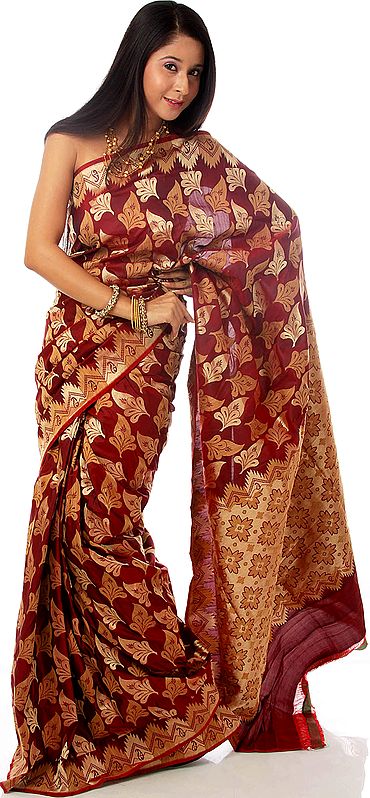 Red Bridal Sari from Banaras with Large Golden Leaves Woven All-Over