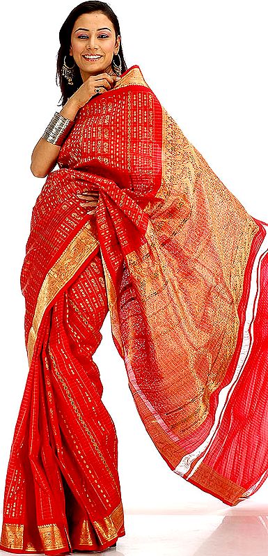Red Bridal Sari Handwoven in Bangalore with Heavy Zardozi on Border and Pallu
