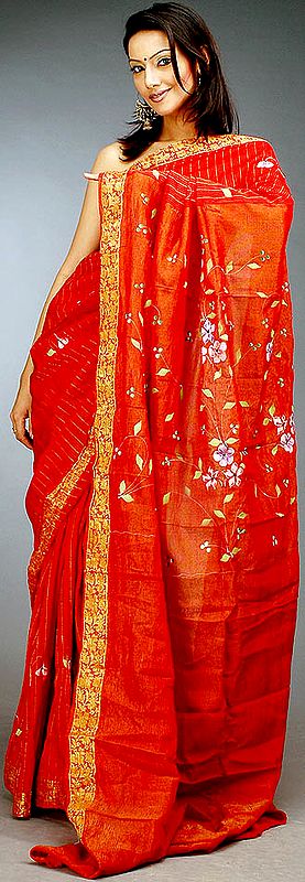 Red Bridal Sari with All-Over Golden Thread Weave