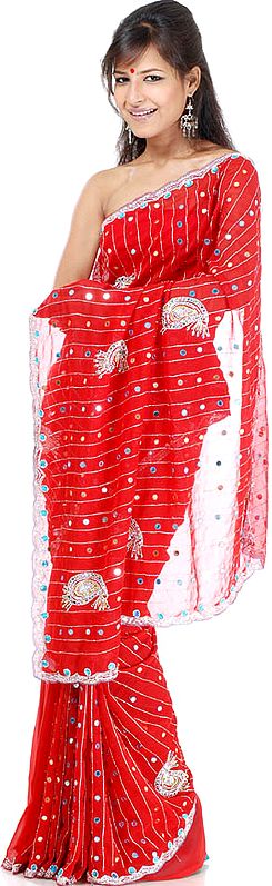 Red Bridal Sari with All-Over Mirrors and Sequins