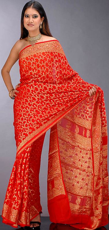 Red Bridal Sari with Golden and Silver Thread Weave