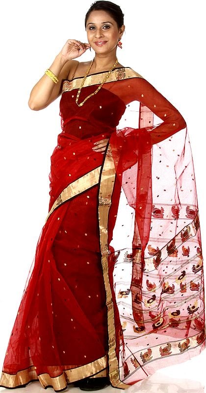 Red Chanderi Sari with All-Over Woven Striped and Golden Border