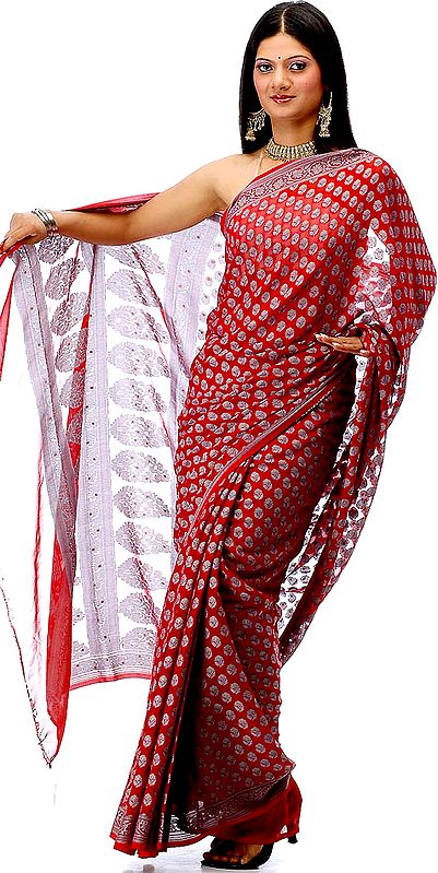 Red Hand-Woven Banarasi Sari with All-Over Bootis