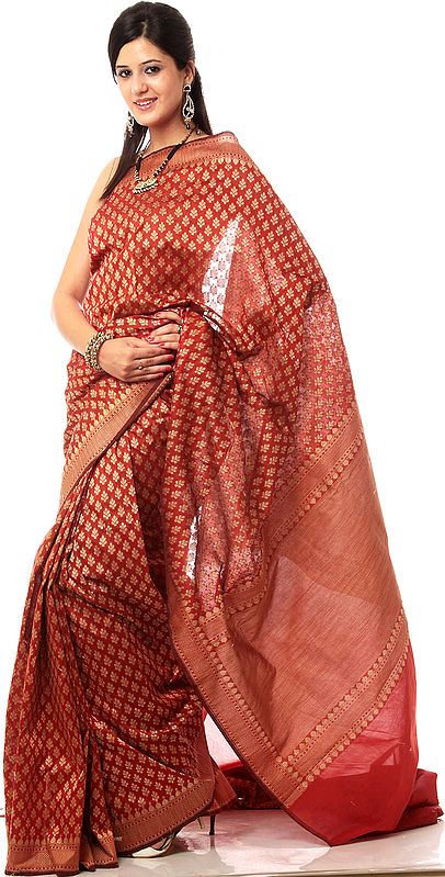 Red Hand-woven Banarasi Sari with Bootis All-Over in Golden Thread