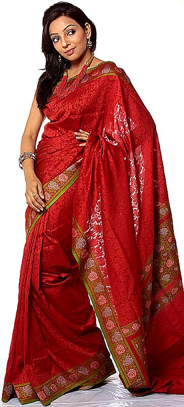Red Handwoven Brocade Sari from Banaras with All-Over Weave in Self