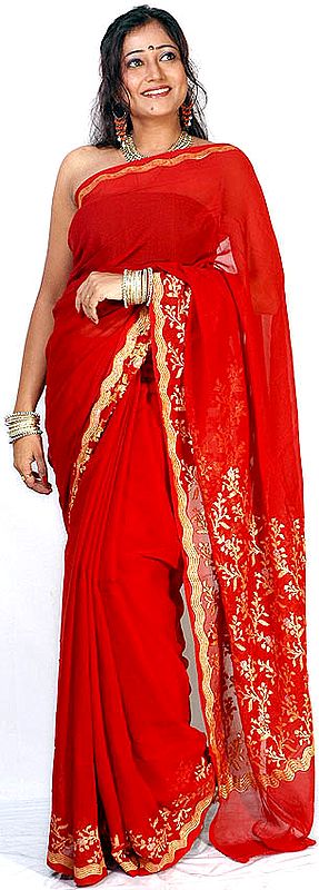 Red Handwoven Sari with Golden Thread Weave on Anchal and Border