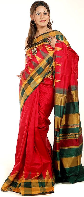 Red Kanjivaram Temple Sari with Checks on Border