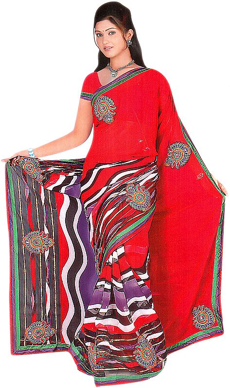 Red Leheria Sari with Large Embroidered Bootis and Patch Border
