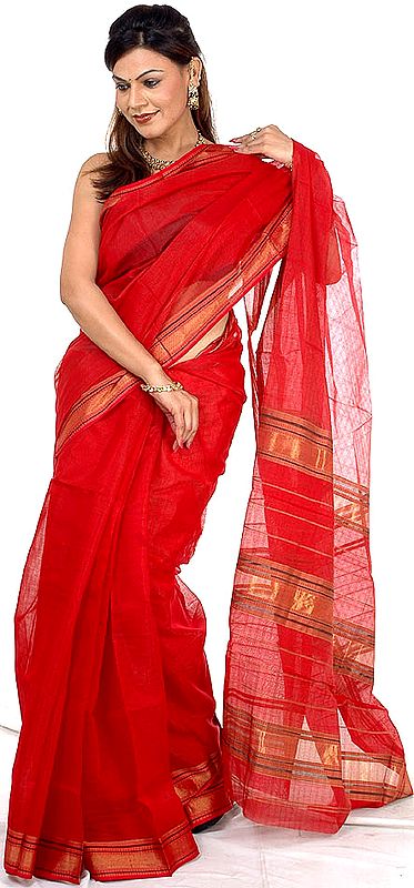 Red Maheshwari Sari with Pin Stripes
