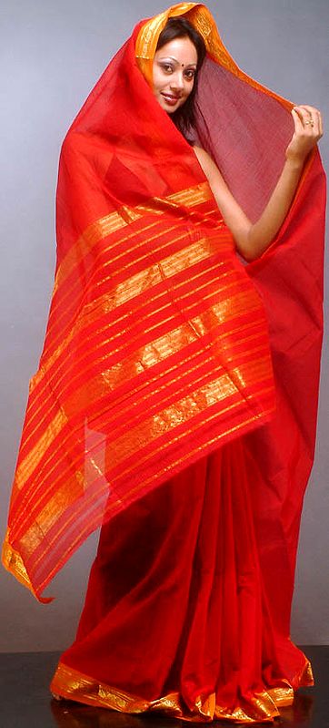 Red Narayanpet Sari with Fine Checks