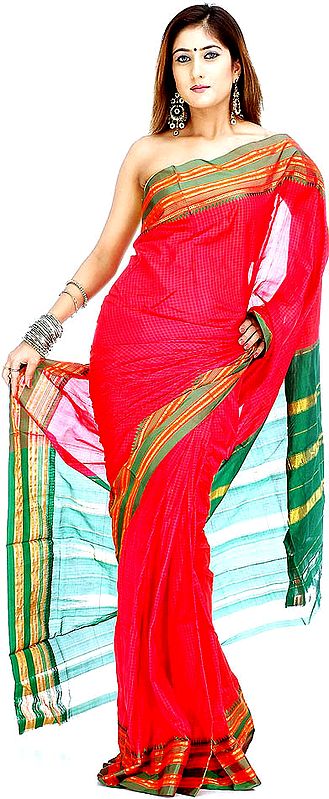 Red Narayanpet Sari with Fine Checks