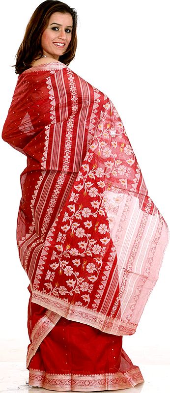 Red Sari from Bengal with Woven Bootis and Floral Anchal