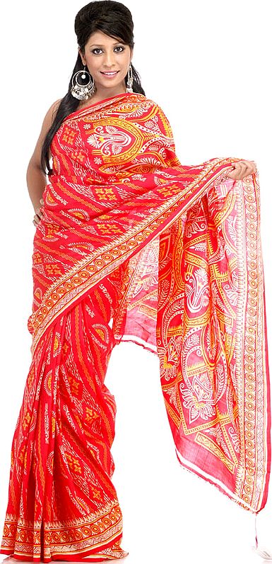 Red Sari from Kolkata with Traditional Print