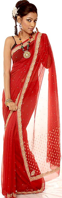 Red Sari from Lucknow with Hand-Embroidered Flowers