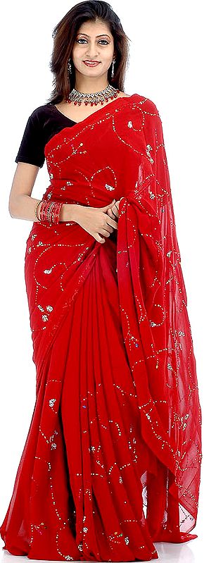Red Sari with All-Over Multi-Color Sequins