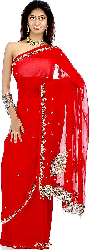 Red Sari with All-Over Sequins and Beads
