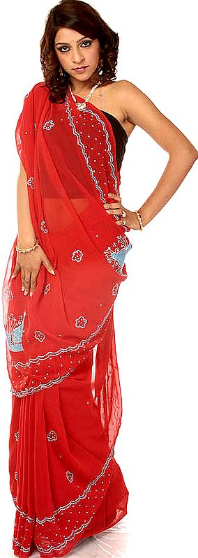 Red Sari with Cyan Sequins