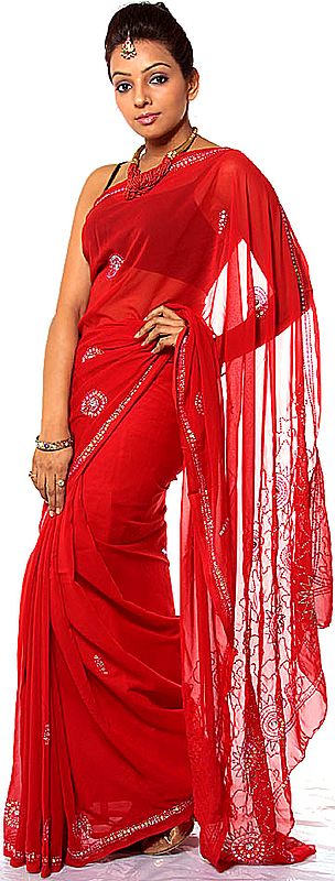 Red Sari with Iridescent Sequins Embroidered as Flowers