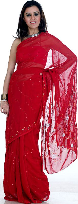 Red Sari with Persian Embroidered Flowers and Sequins