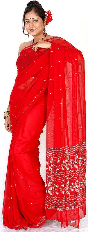 Red Sari with Sequins and Beadwork