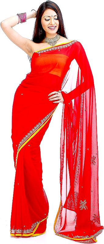 Red Sari with Threadwork and Yellow Border