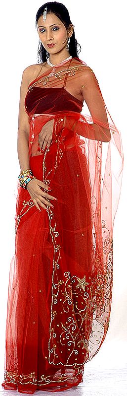 Red See-Through Sari with Beads and Sequins
