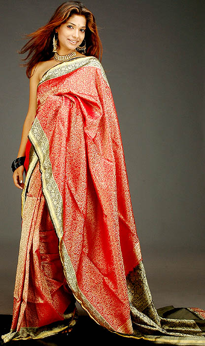 Red Tanchoi Sari with All-Over Jamdani Golden Thread Weave