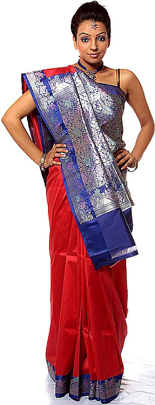 Red Valkalam Sari with Floral Brocaded Border and Anchal