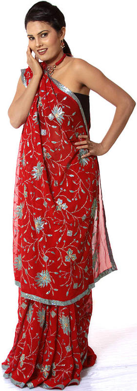 Red Wedding Sari with All-Over Embroidered Sequins