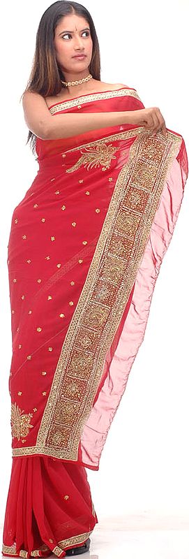 Red Wedding Sari with Golden Thread Work and Bootis