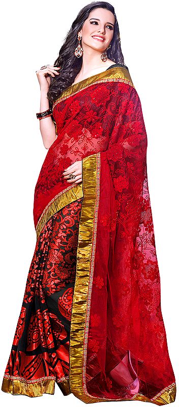 Red Wedding Sari with Self Weave and Gota Border